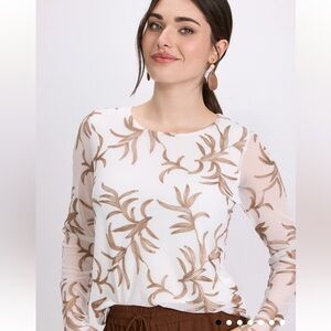Laura Tropical Embroidered Sheer Sleeve Top White